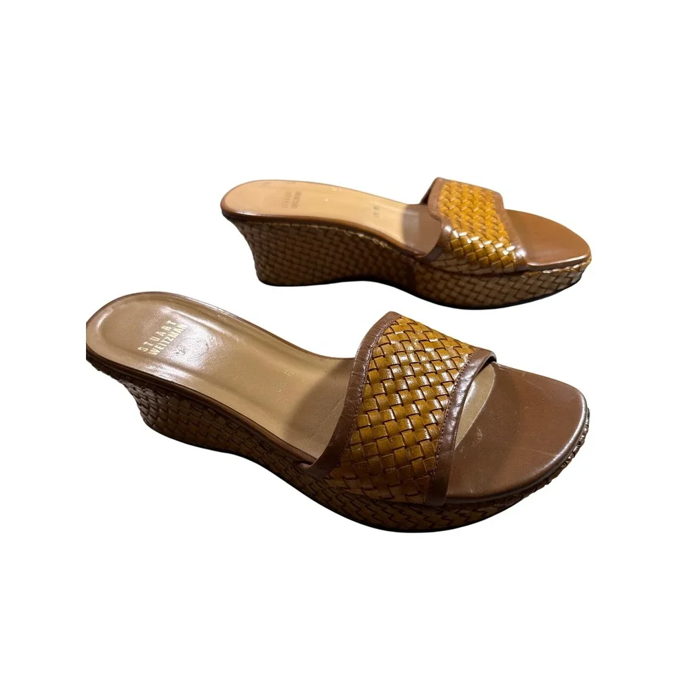 Stuart Weitzman Brown Woven Leather Platform Wedge Sandals Slides Womens 8.5 M